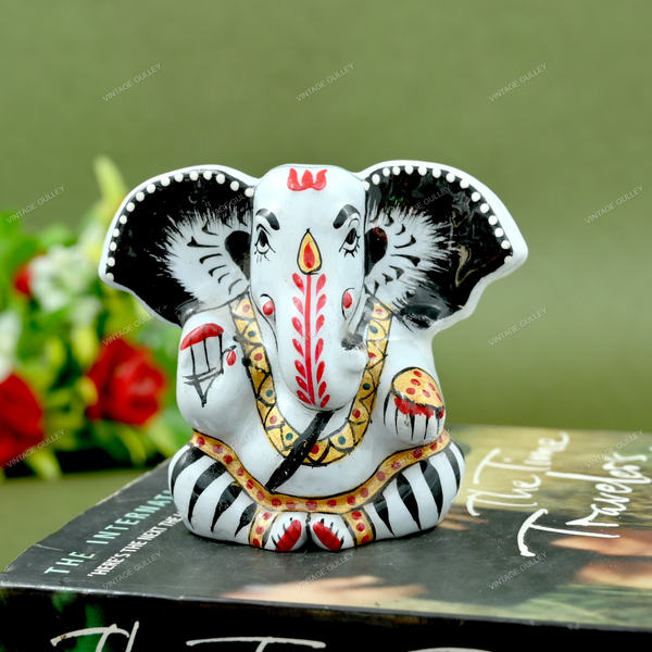 Enameled Metal Appu Ganesha Idol - 2.5 Inches - White & Black