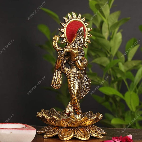 White Metal Golden Oxidized Kamal Krishna with Bansuri