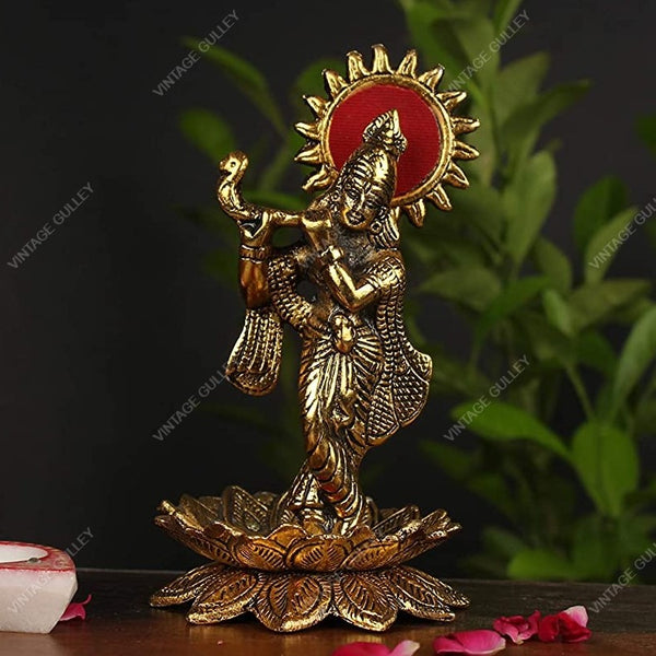 White Metal Golden Oxidized Kamal Krishna with Bansuri