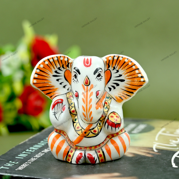 Enameled Metal Appu Ganesha Idol - 2 Inches - White & Orange