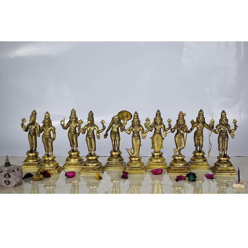 Brass Dashavatara Dasavatharam of Lord Vishnu Statues Ten Incarnations Avatars for Temple - Vintage Gulley