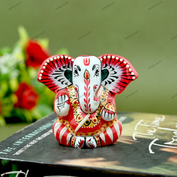 Enameled Metal Appu Ganesha Idol - 2 Inches - Red