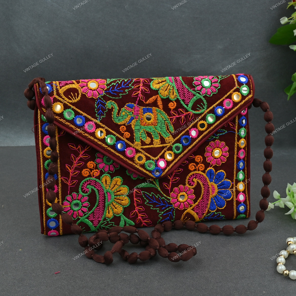 Buy Tribes India Rajasthani Tribal Handmade Red Cotton With Embroided  Resham Dori Shoulder U-Shaped Handbag (Babal Resham Elephant)  (1STXBAGRJ00104_3) at Amazon.in