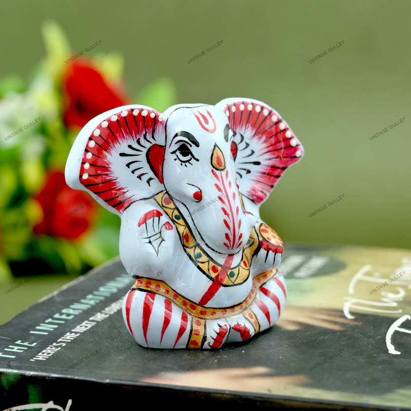 Enameled Metal Appu Ganesha Idol - 2 Inches - White & Red
