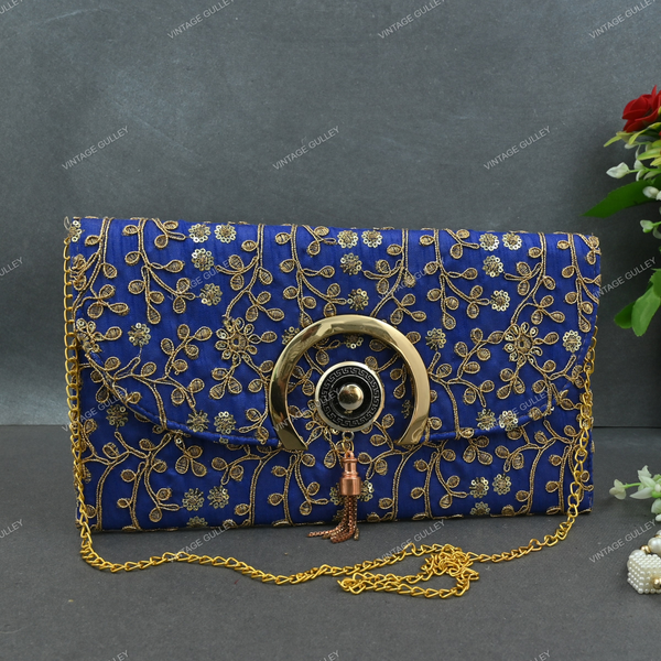 Hand Crafted Gray Damask Clutch Purse With Blue Flower Adornment by The  Button Tree Co. | CustomMade.com