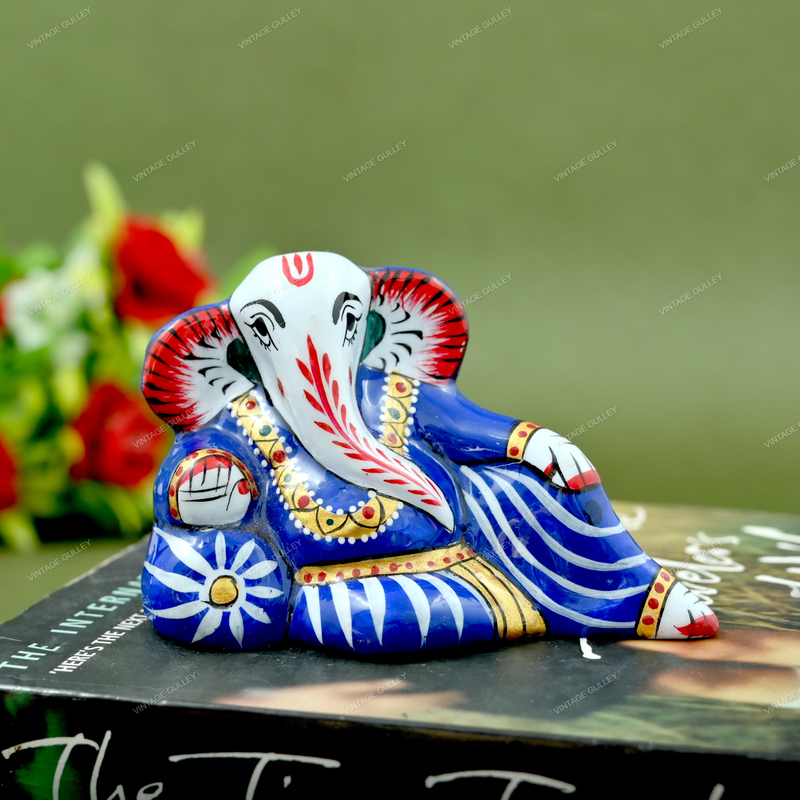 Enameled Metal Resting Ganesha Idol - 3 Inches