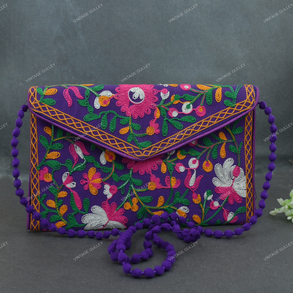 Fancy Hand Bag for Ladies - Handmade Cotton Ethnic Rajasthani Embroidered Bags  Clutch with Handle Purses for Women Girls - 13x25 Cms