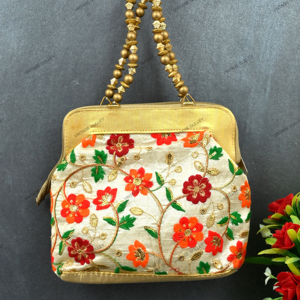 Rajasthani Embroidery Purse For Women - Multicolored Flowers
