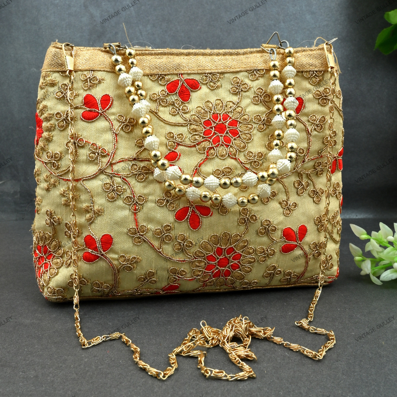 Rajasthani Embroidery Handbag For Women - Orange-Gold