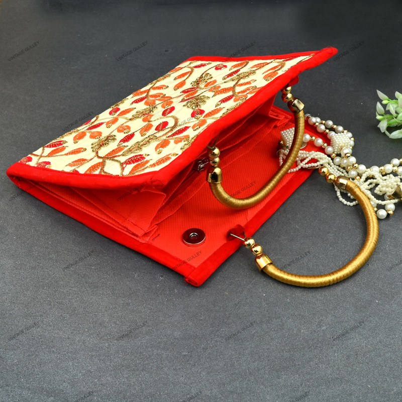 Rajasthani Embroidery Handbag For Women - Orange-Red