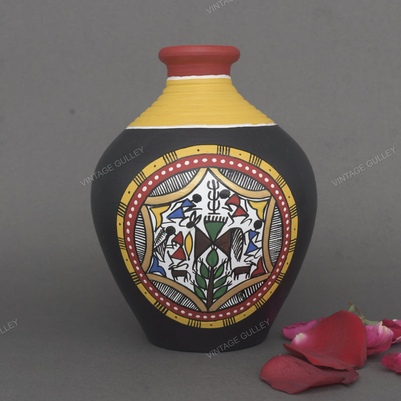 Warli Hand-Painted Terracotta Pot - Black