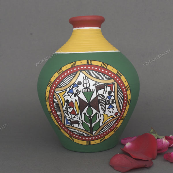 Warli Hand-Painted Terracotta Pot - Green