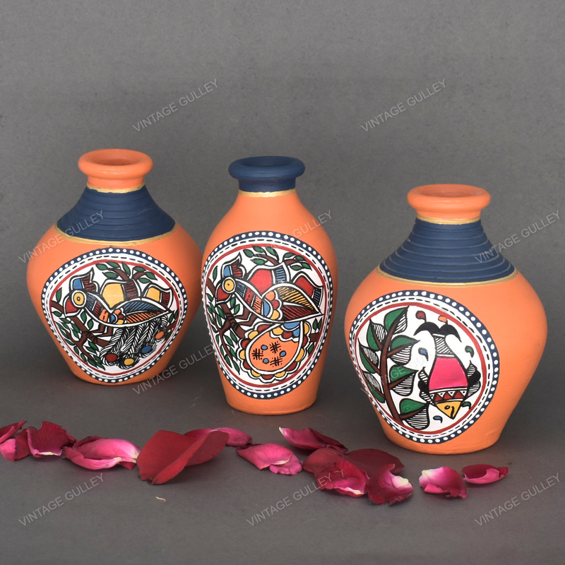Orange Warli Hand Painted Terracotta Pot - Set of 3