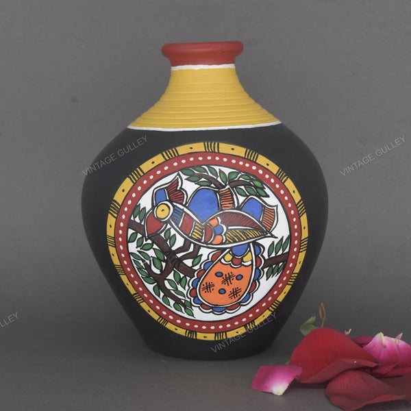 Warli Hand-Painted Terracotta Pot - Black