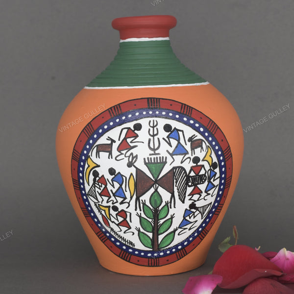 Warli Hand-Painted Terracotta Pot - Orange