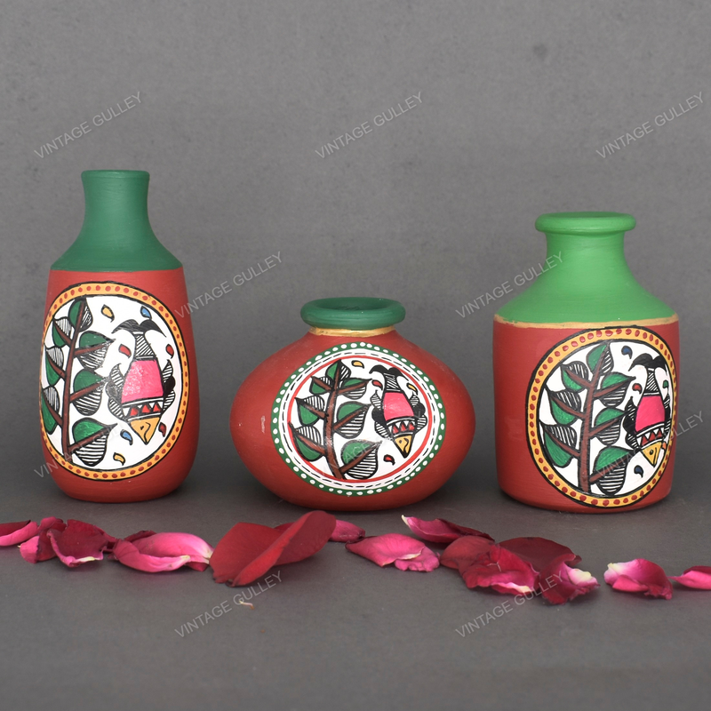 Red Warli Hand Painted Terracotta Pot - Set of 3