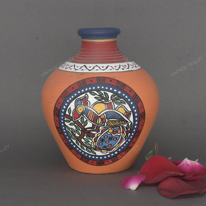 Warli Hand-Painted Terracotta Pot - Orange