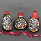 Black Warli Hand Painted Terracotta Pot - Set of 3