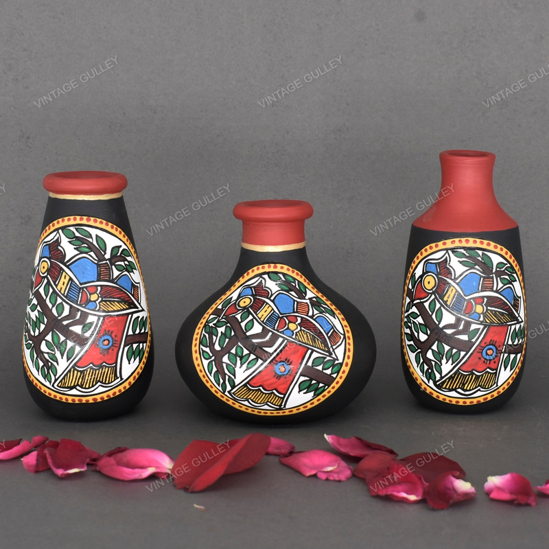 Black Warli Hand Painted Terracotta Pot - Set of 3