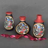 Black Warli Hand Painted Terracotta Pot - Set of 3