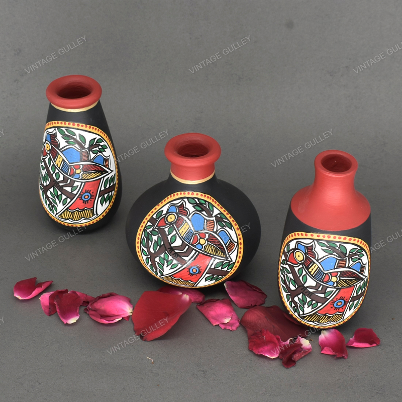 Black Warli Hand Painted Terracotta Pot - Set of 3