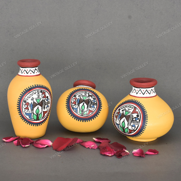 Yellow Warli Hand Painted Terracotta Pot - Set of 3
