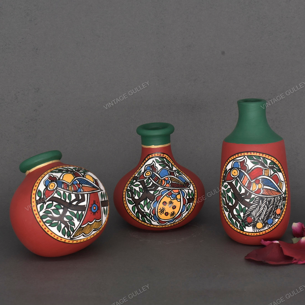 Red Warli Hand Painted Terracotta Pot - Set of 3