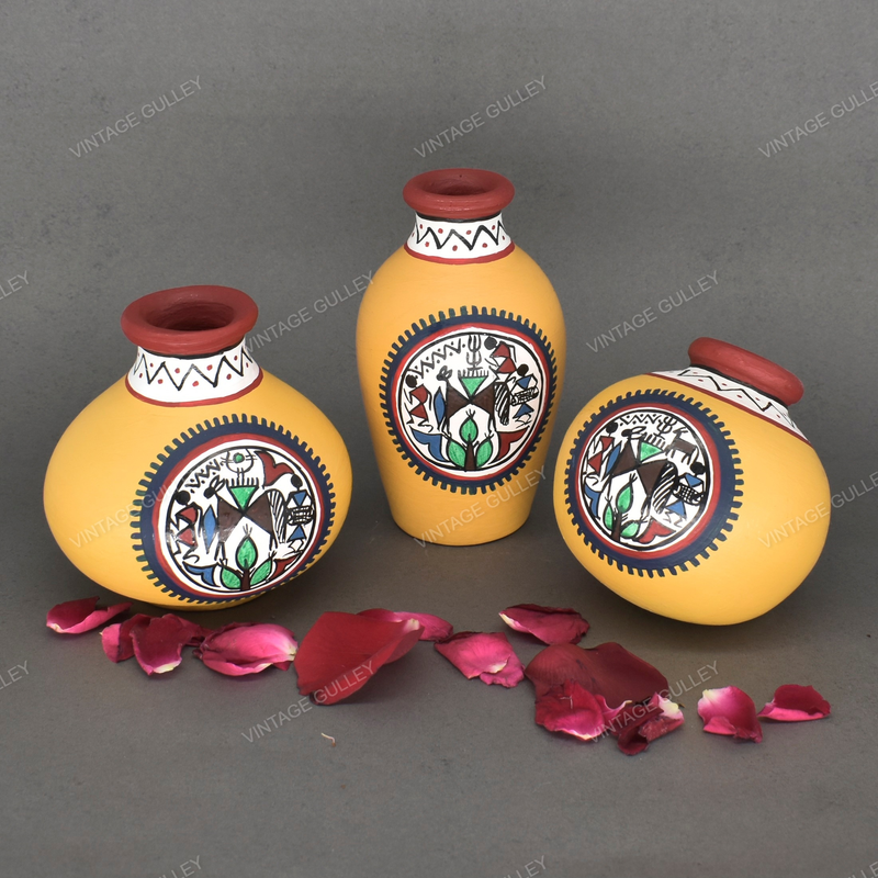Yellow Warli Hand Painted Terracotta Pot - Set of 3