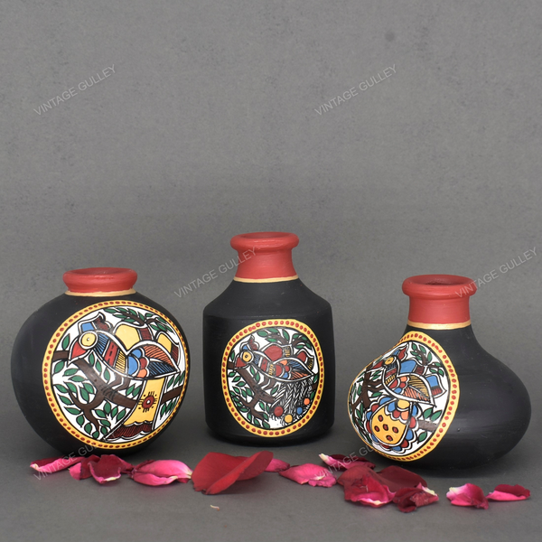 Black Warli Hand Painted Terracotta Pot - Set of 3