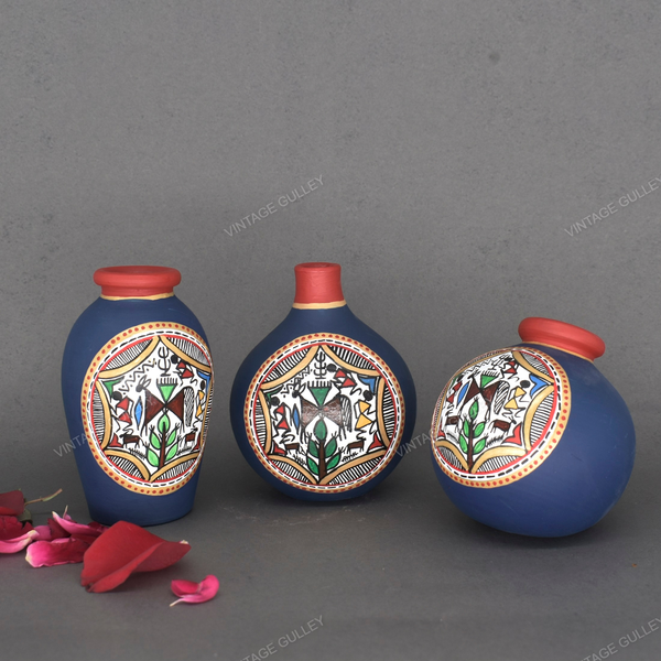 Blue Warli Hand Painted Terracotta Pot - Set of 3
