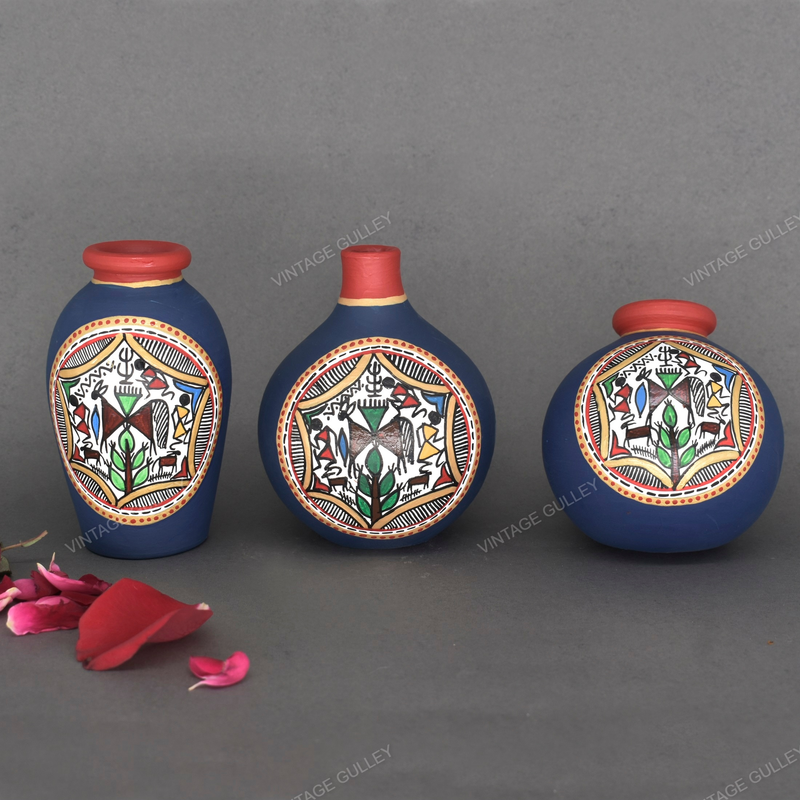 Blue Warli Hand Painted Terracotta Pot - Set of 3