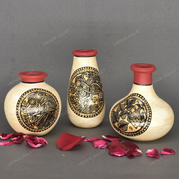 Golden Warli Hand Painted Terracotta Pot - Set of 3