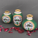 Green Warli Hand Painted Terracotta Pot - Set of 3