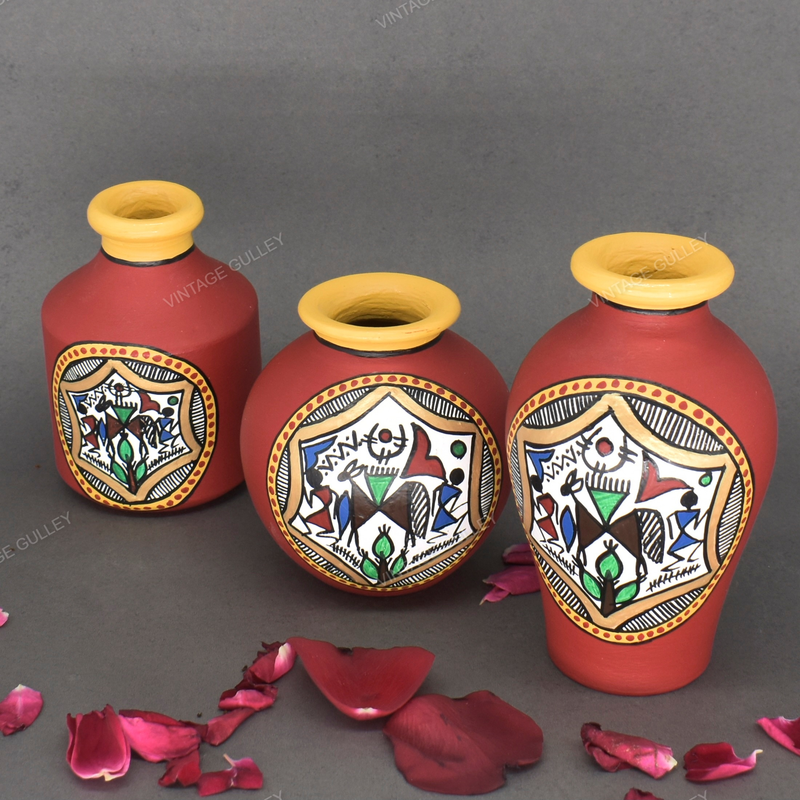 Red Warli Hand Painted Terracotta Pot - Set of 3