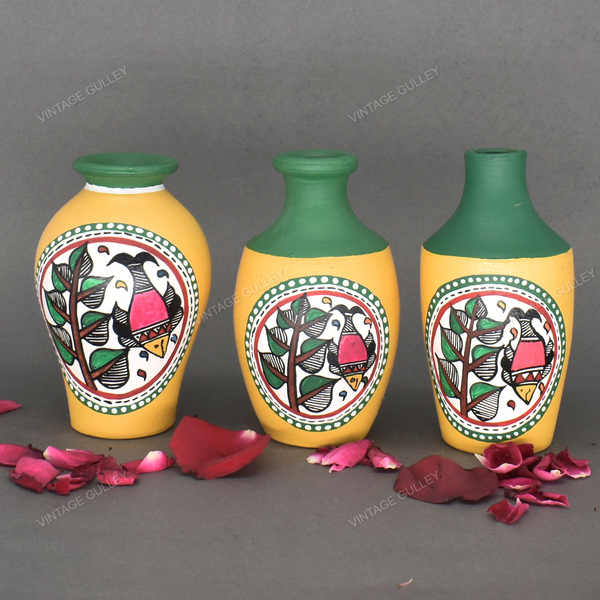 Yellow Warli Hand Painted Terracotta Pot - Set of 3