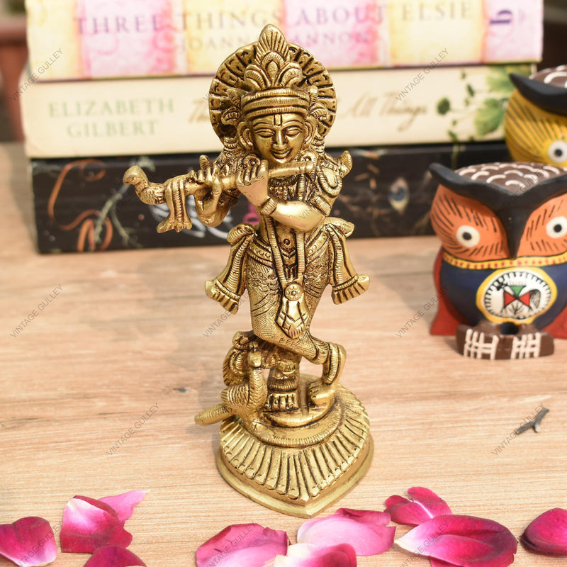 Vintage Gulley Brass Statue Murti of Lord Krishna Idol Playing Flute Small  Size for Home Decor for Living Room Pooja Item Temple Mandir Gallery
