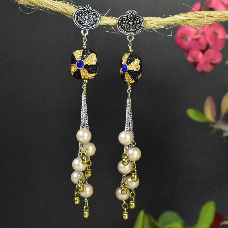 Designer Oxidised Earring With Semi-Precious Stone & Pearl Chain - Vintage Gulley