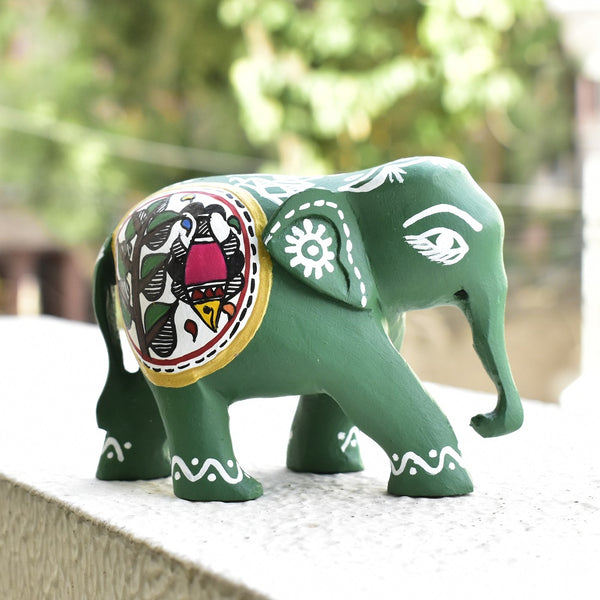 Wooden Hand-Painted Elephant with Warli Art Fish Motif - Green - 3 Inches - Vintage Gulley