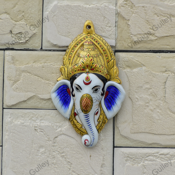 Metal Ganesha Face Wall Hanging  - Blue