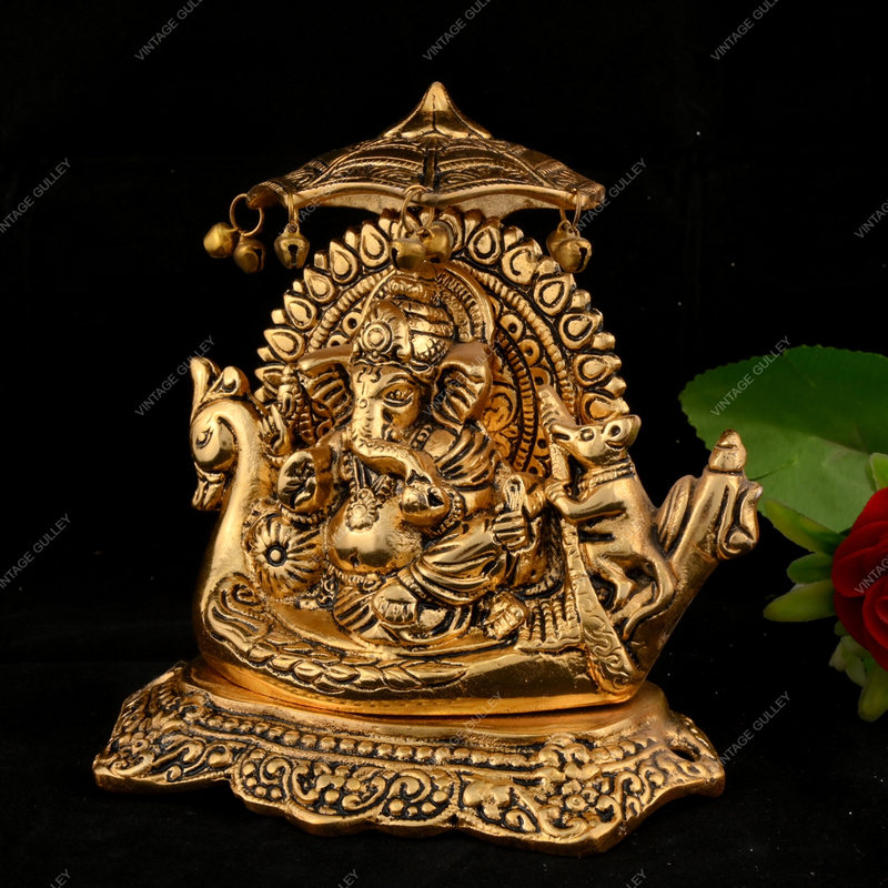 White Metal Golden Oxidized Ganesha On Peacock