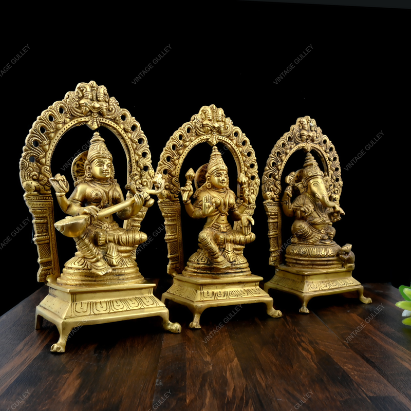 Brass Laxmi Ganesha Saraswati Sitting Arch