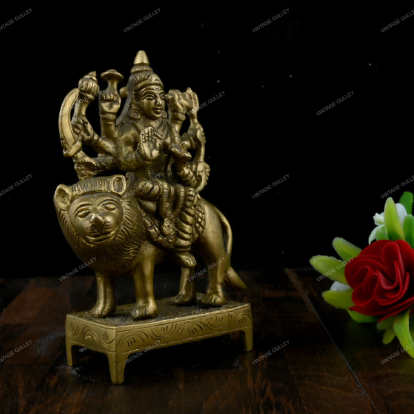 Brass Durga Idol Sitting on Lion Small