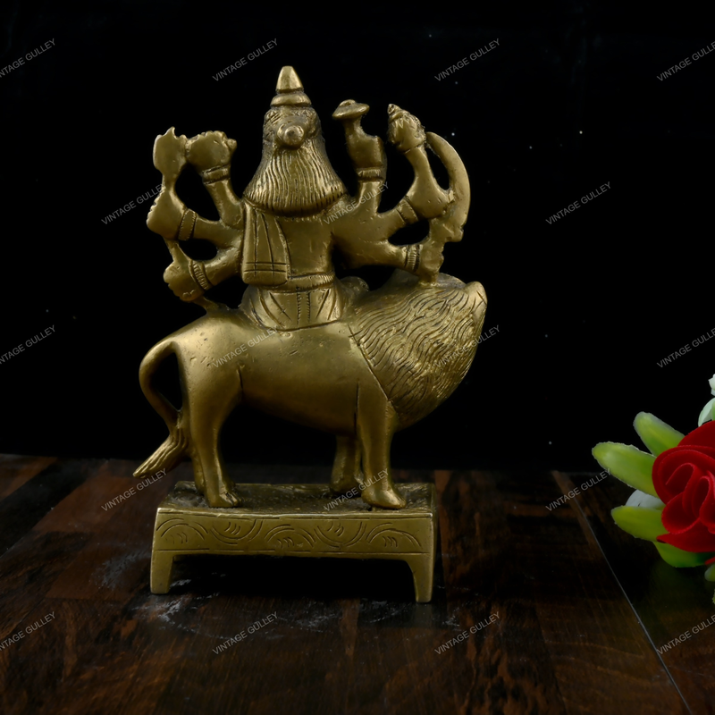 Brass Durga Idol Sitting on Lion Small