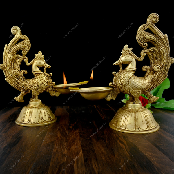 Brass Dancing Peacock Diya - Set of 2