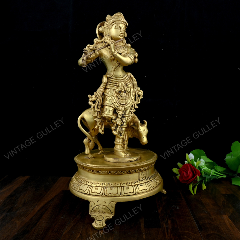 Brass Krishna with Cow Idol Paoti