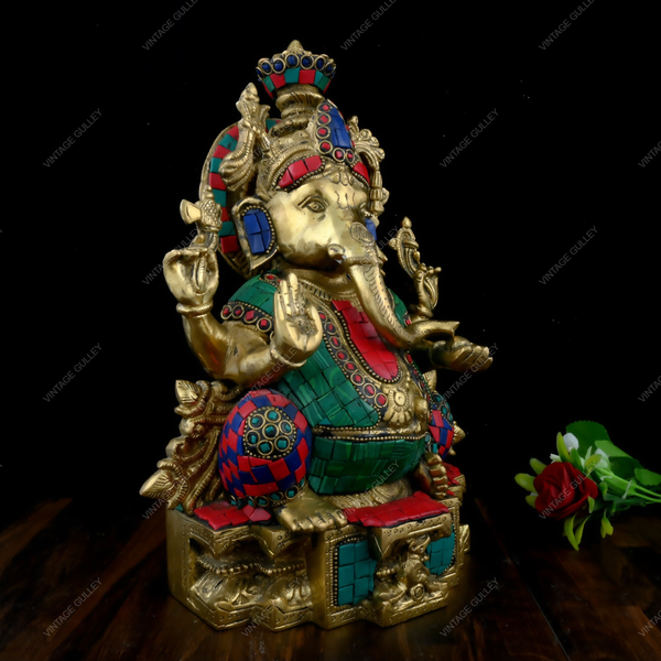 Brass Ganesha Charbhuja Idol Stonework