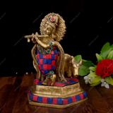 Brass Krishna with Cow Stonework