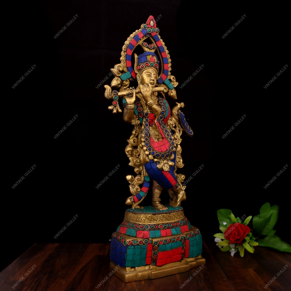 Brass Lord Krishna Stonework - 14 Inches