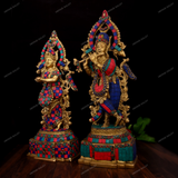 Brass Radha Krishna Stonework - 14 Inches