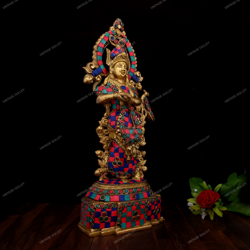 Brass Goddess Radha Stonework - 14 Inches